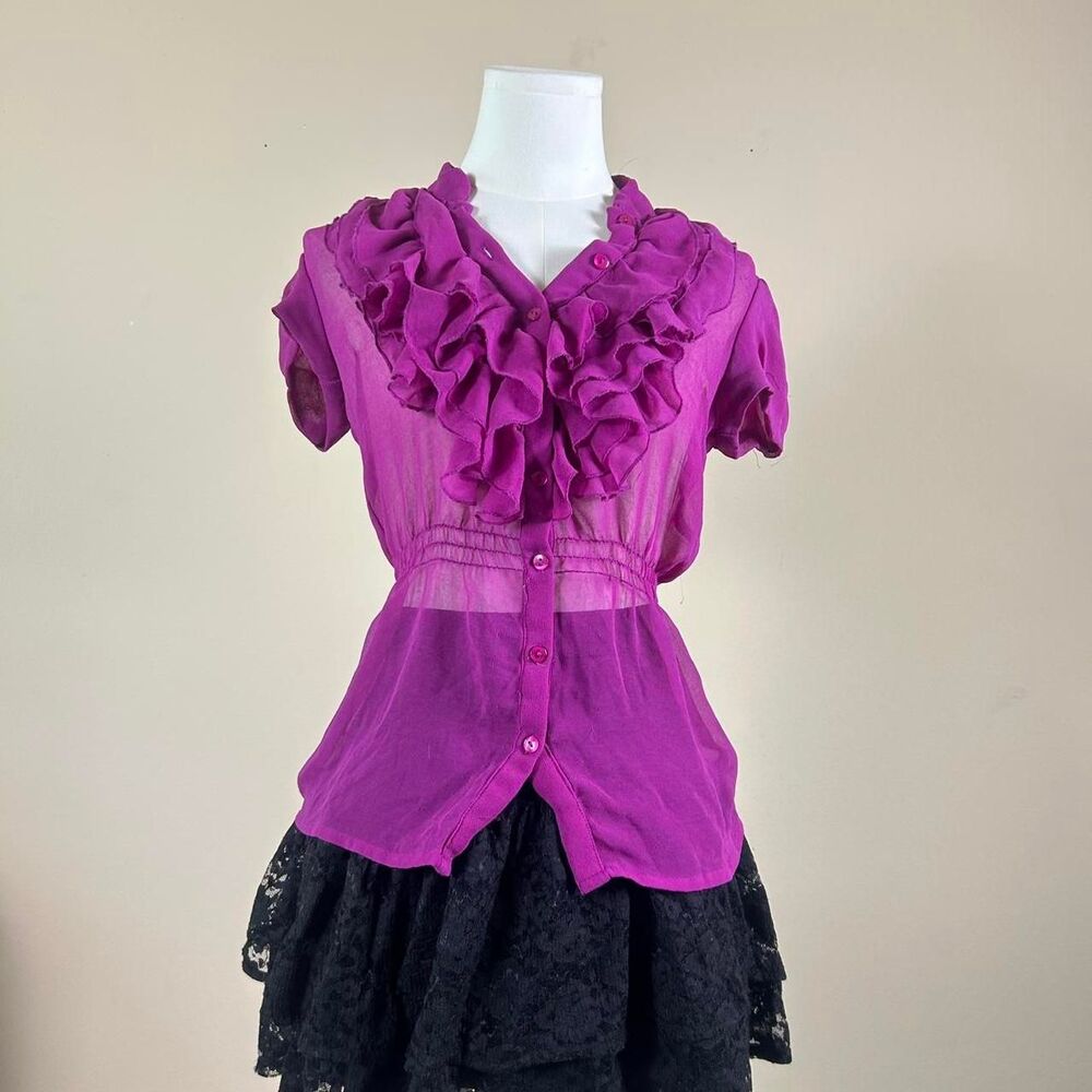 Magenta Office Siren Horror Game Protagonist Sheer Button Up Blouse
